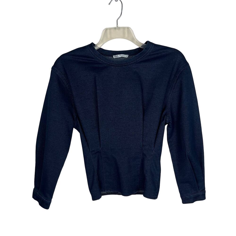 ZARA | Blue Dark Wash Denim Pleated Tapered Top | Women's Extra‎ Small